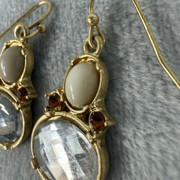 Gold-Tone Dangle Earrings With Faceted Clear & Cream Stones Pierced Womens - Picture 4 of 13